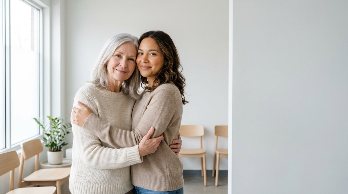 Two women embracing and smiling in a bright, calm clinic waiting area