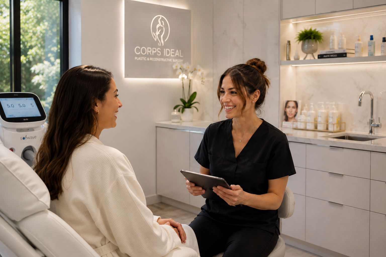 A member of the clinic's staff consulting with a patient in a treatment room