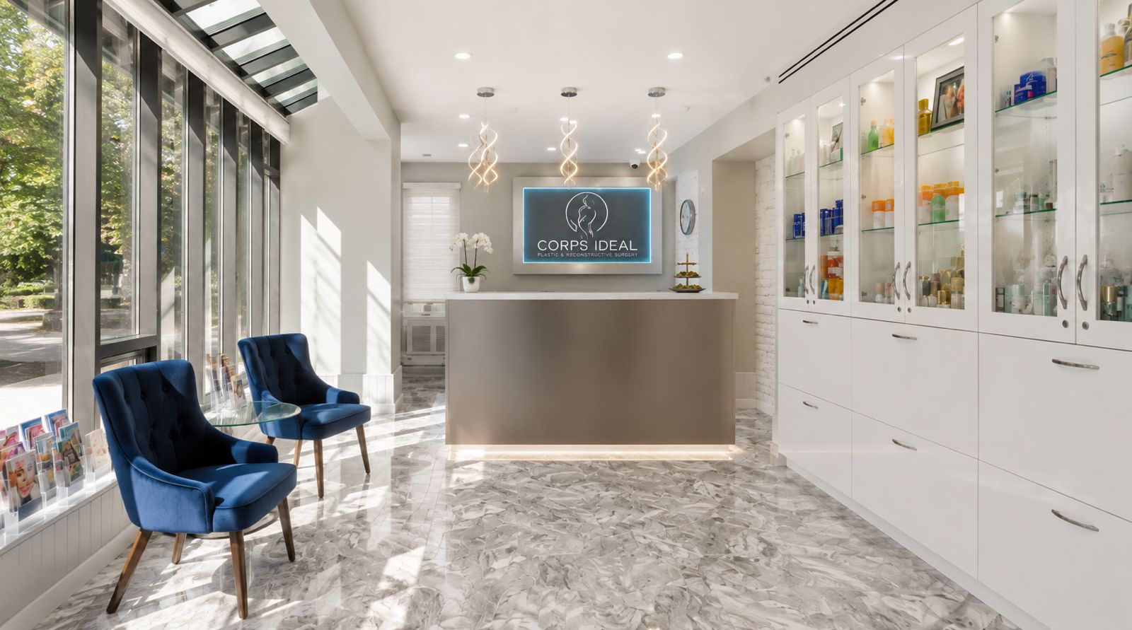 The reception at Ideal Body Clinic, marble floor and blue velvet chairs beside a lit sign