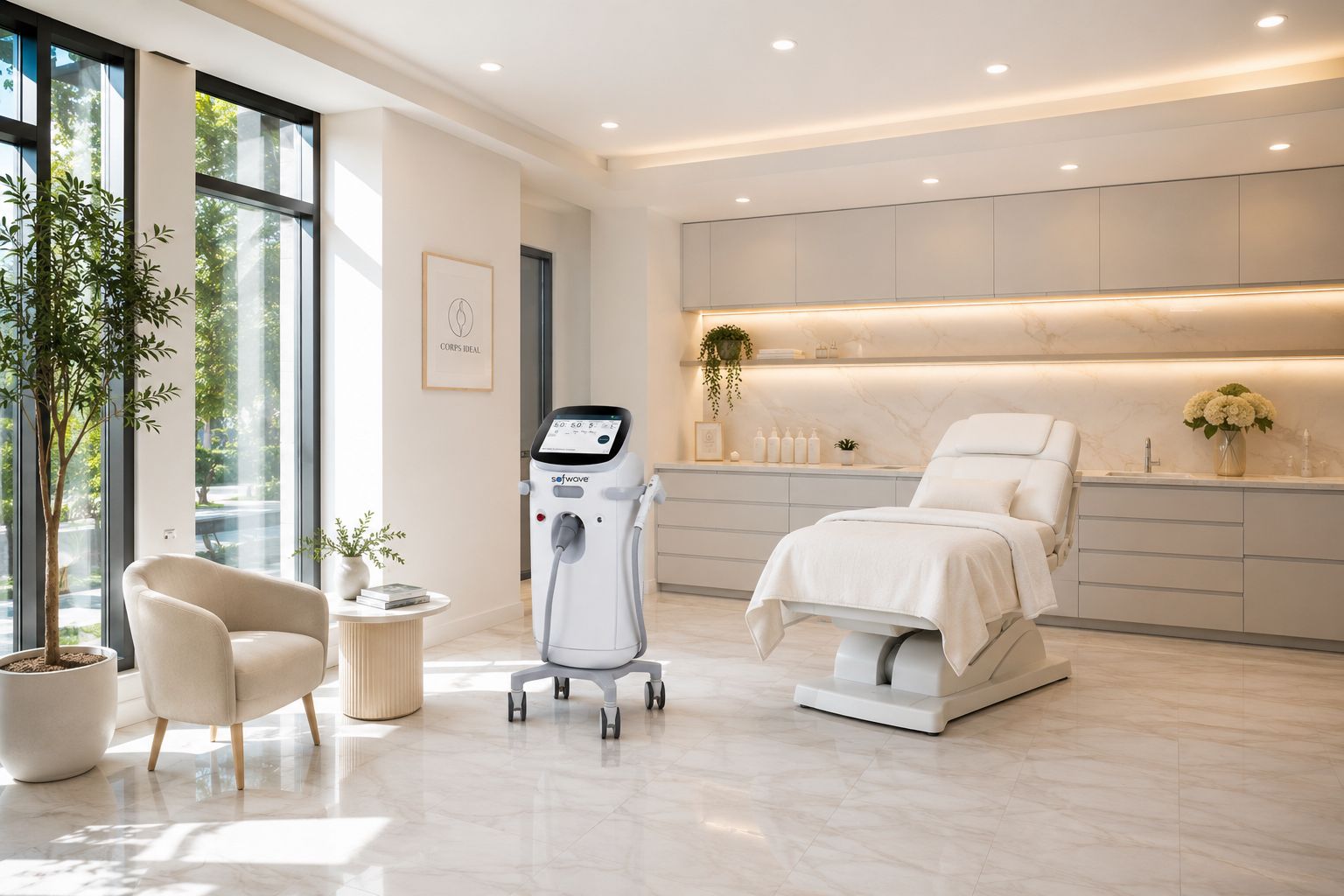 An aesthetic treatment device beside a treatment chair in a bright, marble-lined room